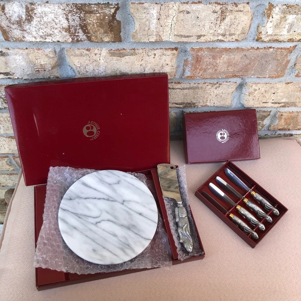 Arthur Court Vintage Bunny Rabbit Marble Cheese Board & Cutter + 4 Spread Knives